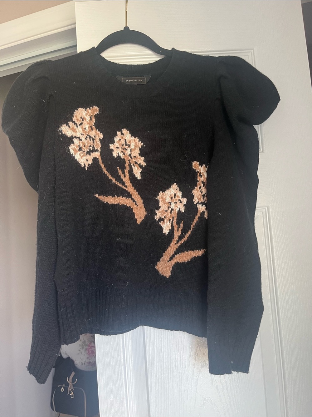 Black Floral Cherry Blossom Wool Puff-Sleeve Sweater